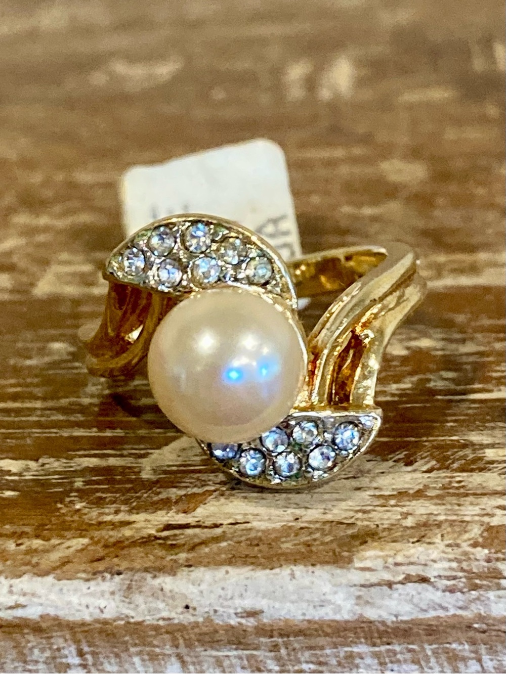 Vintage American Ring Co. Gold Plated Faux Pearl & Rhinestone Ring Size 6 NOS